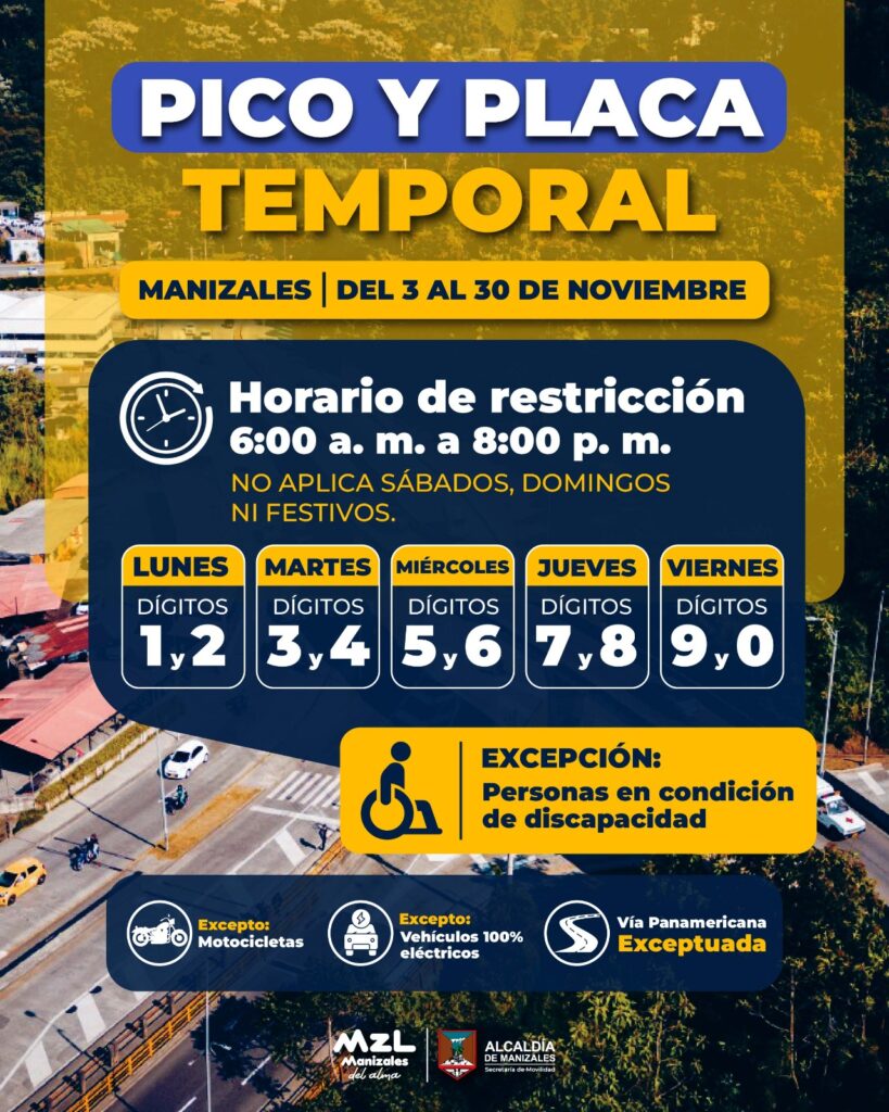 Manizales tendrá pico y placa temporal del 3 al 30 de noviembre para mejorar la movilidad
